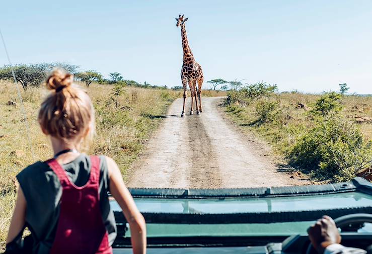 Giraffe croissing a road during safari © Olivier Romano